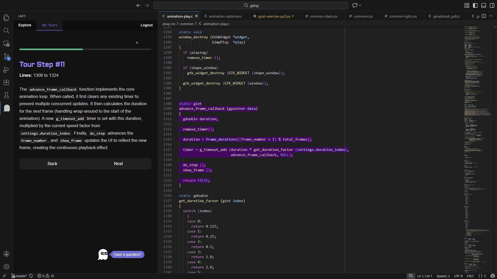 A code tour step in progress inside VS Code: narrated explanation on the left, highlighted code on the right, with an inline chat for follow-up questions.